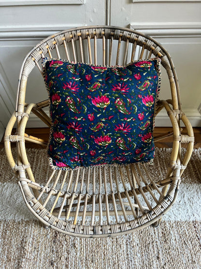 Coussin coton blockprint 50×50 cm - Bleu/Rose
