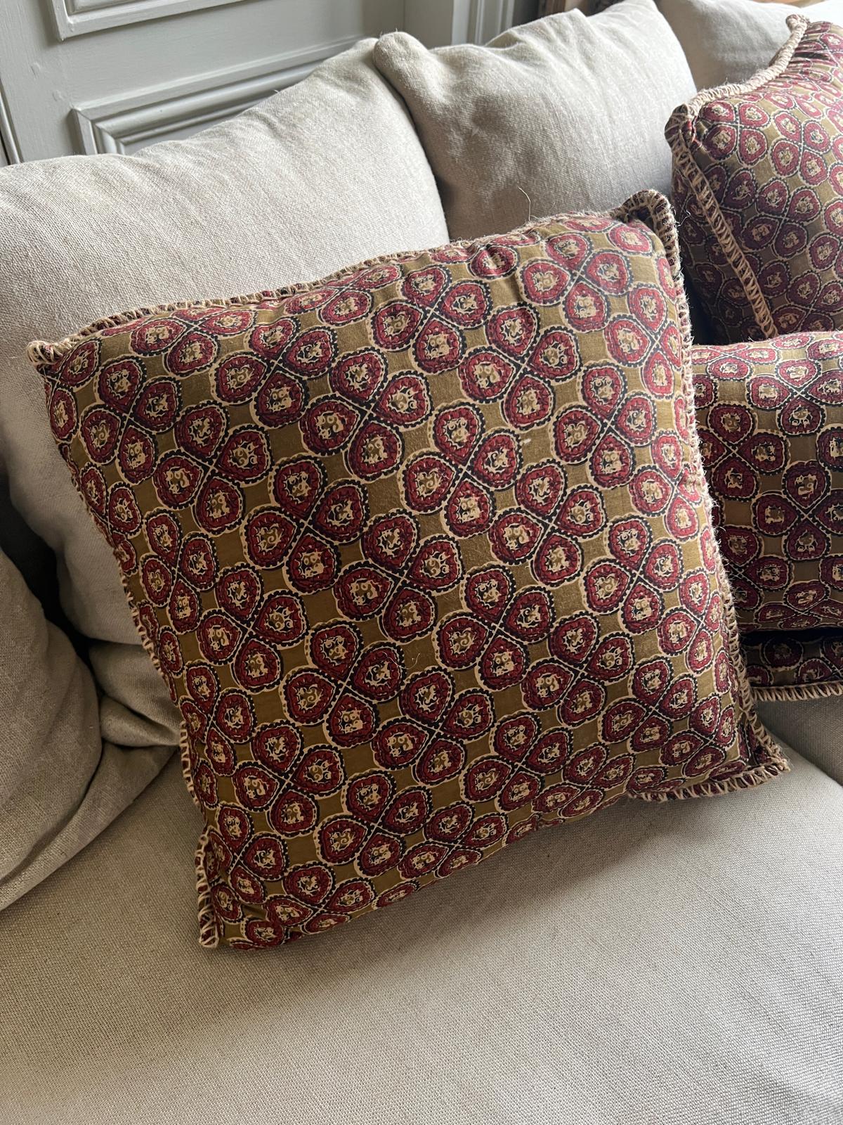 Coussin coton blockprint 50×50 cm - Ocre/Rouge
