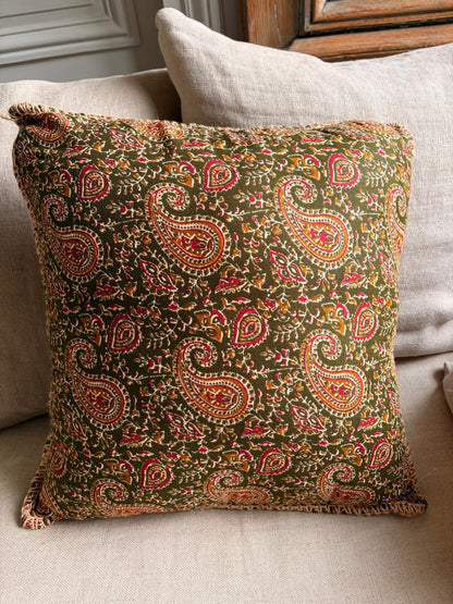 Coussin coton blockprint 50×50 cm - Vert olive