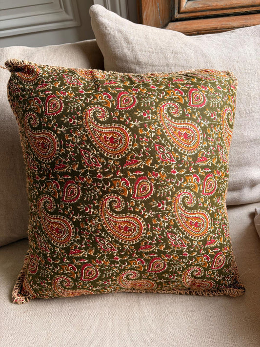 Coussin coton blockprint 50×50 cm - Vert olive